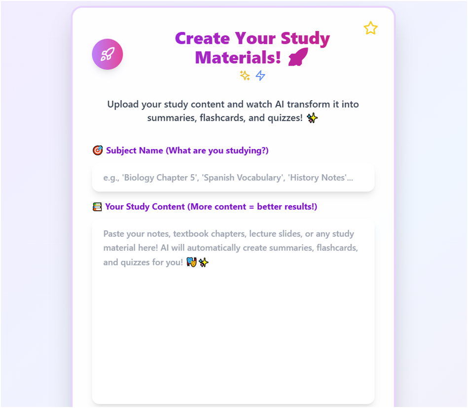 Create Your Study Materials Interface
